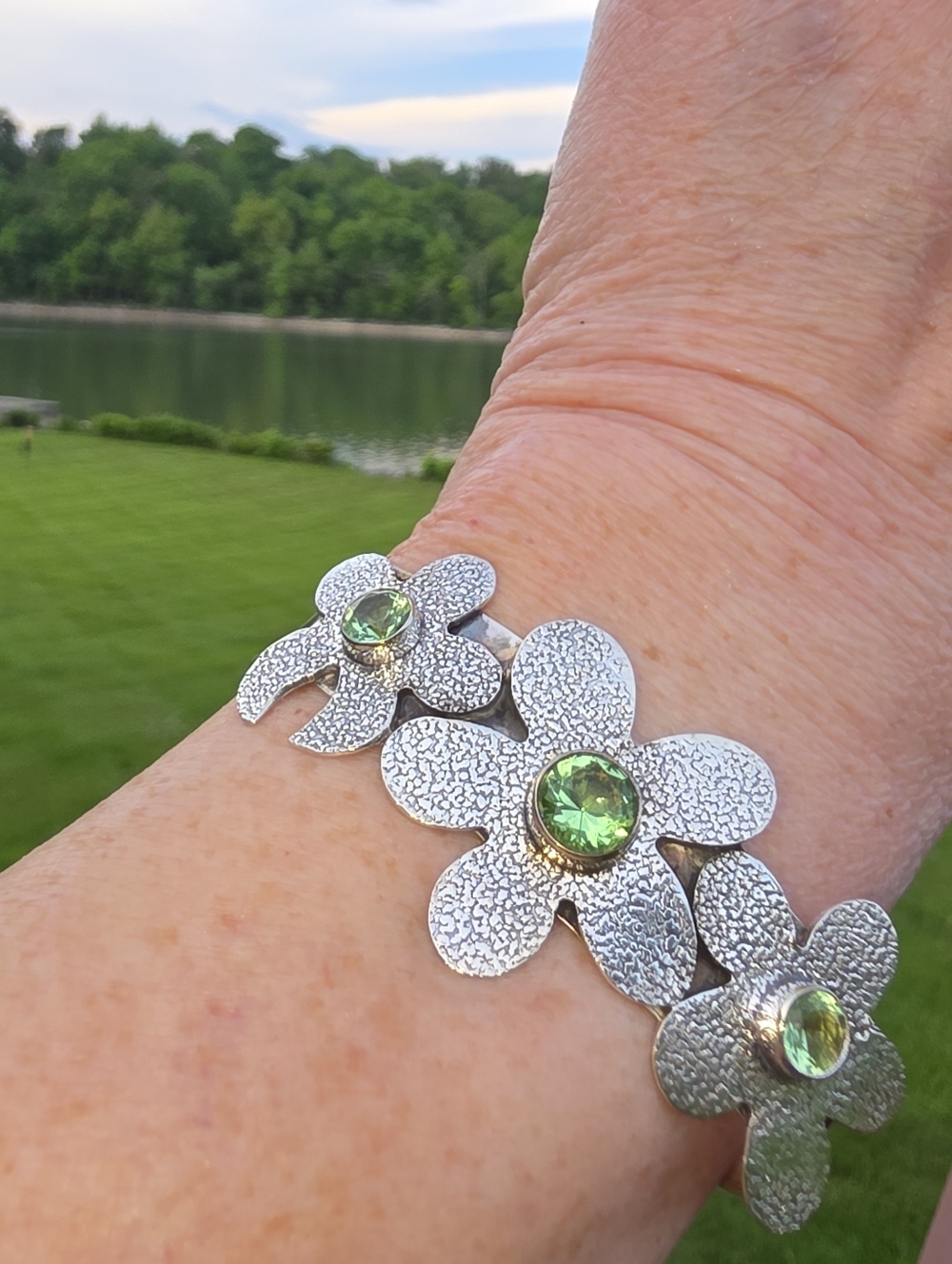 Peridot Flower Cuff Bracelet In 925 Sterling Silver (Adjustable)